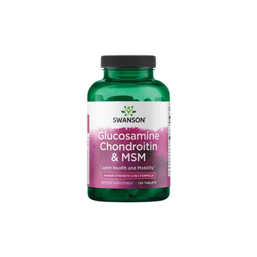 A green bottle of Swanson Glucosamine, Chondroitin & MSM 120 Tablets - Higher Strength with a white and pink label, designed to help support joint health and flexibility.